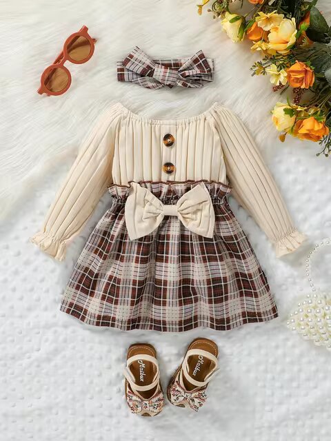 2024 New Autumn Plaid Dress for Baby Girls